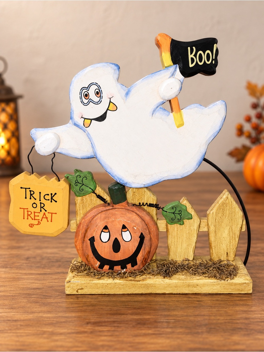 Handmade Wooden Halloween Ghost Pumpkin Tabletop Decor Trick or Treat Boo 10x10